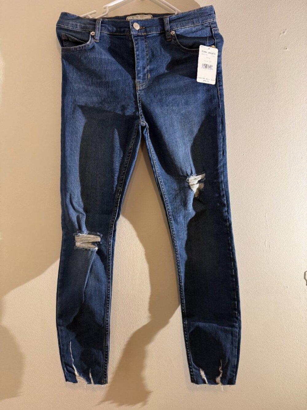 NWT Free People Blue Distressed Raw Hem High Rise Skinny Jeans | Size 28